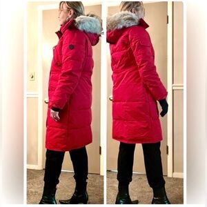 Reposhing: New With Tags Noize Red Puffer Long Shapely Jacket with Faux Fur Hood
